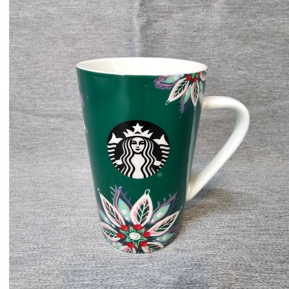 Starbucks Mermaid Siren Flower Floral Green Coffee Mug Tall 12 oz 2020 Poinsetta